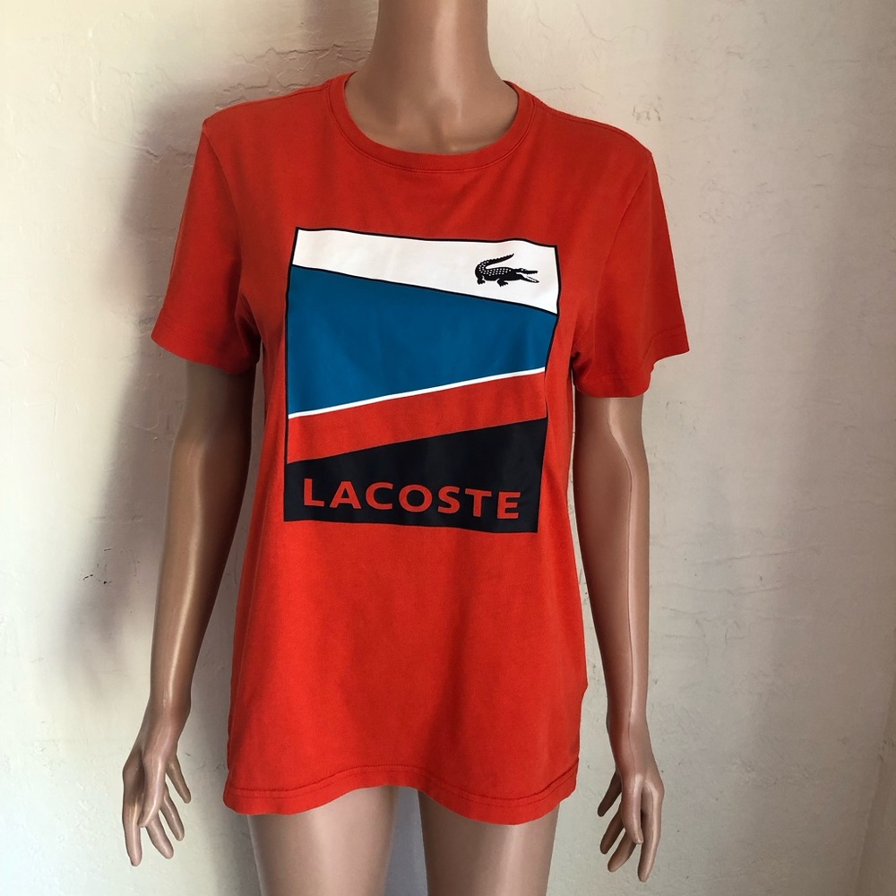 Lacoste Dri-Fit Logo Graphic Print Orange Shirt Women’s Size S Short Sleeves Top